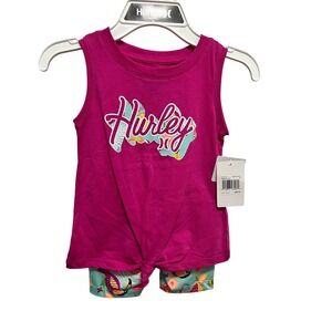 Hurley Girls 2pc Tank Top and Bike Shorts Set Pink Green Tropical Toucan Size 6